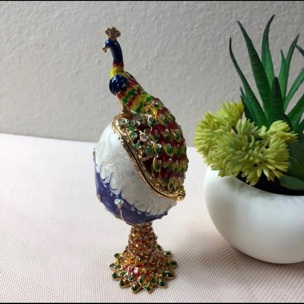 Hand Painted Peacock Enameled Faberge Egg